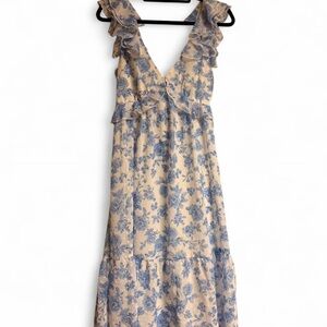Trixxi Blue Floral Ruffle V-Neck Maxi Dress on Beige